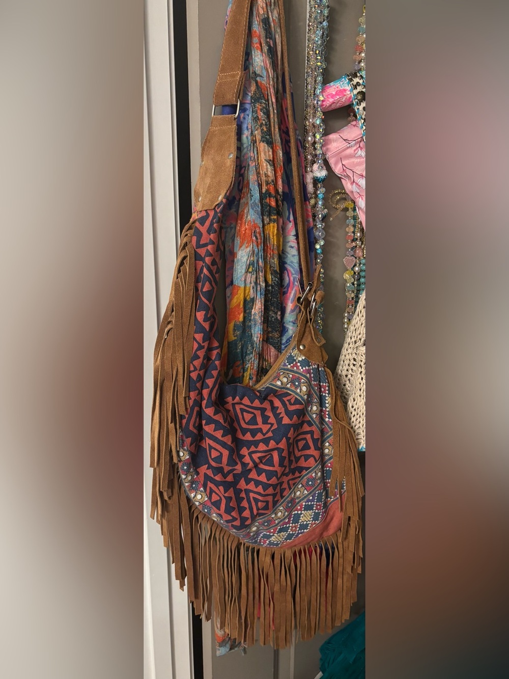 Boho Fringe Aztec Tote Bag in Navy and Rust
